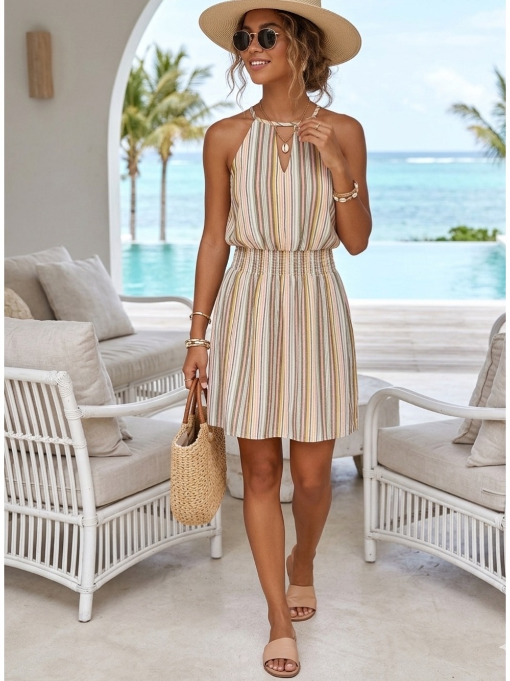 City Studio Multicolor Striped Halter Mini Dress